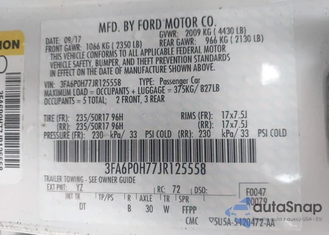 2018 Ford Fusion Se из США, поврежденный, VIN 3FA6P0H77JR125558